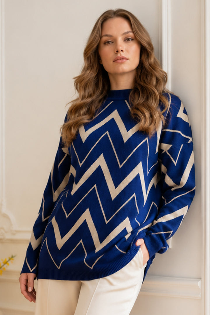BNG Women Zikzak Desenli Triko Tunik R7187 Lacivert - Lake Charles