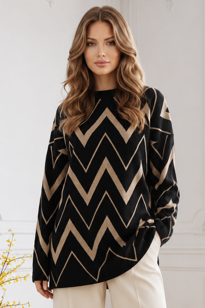 BNG Women Zikzak Desenli Triko Tunik R7187 Siyah - Elizabethtown