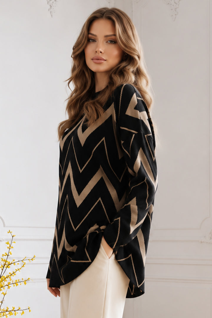 BNG Women Zikzak Desenli Triko Tunik R7187 Siyah - Elizabethtown
