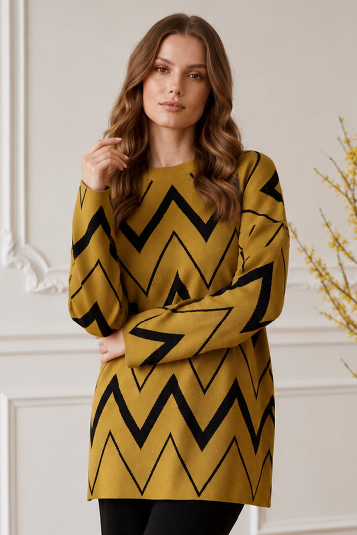 BNG Women Zikzak Desenli Triko Tunik R7187 Yağ Yeşili - Haarlem
