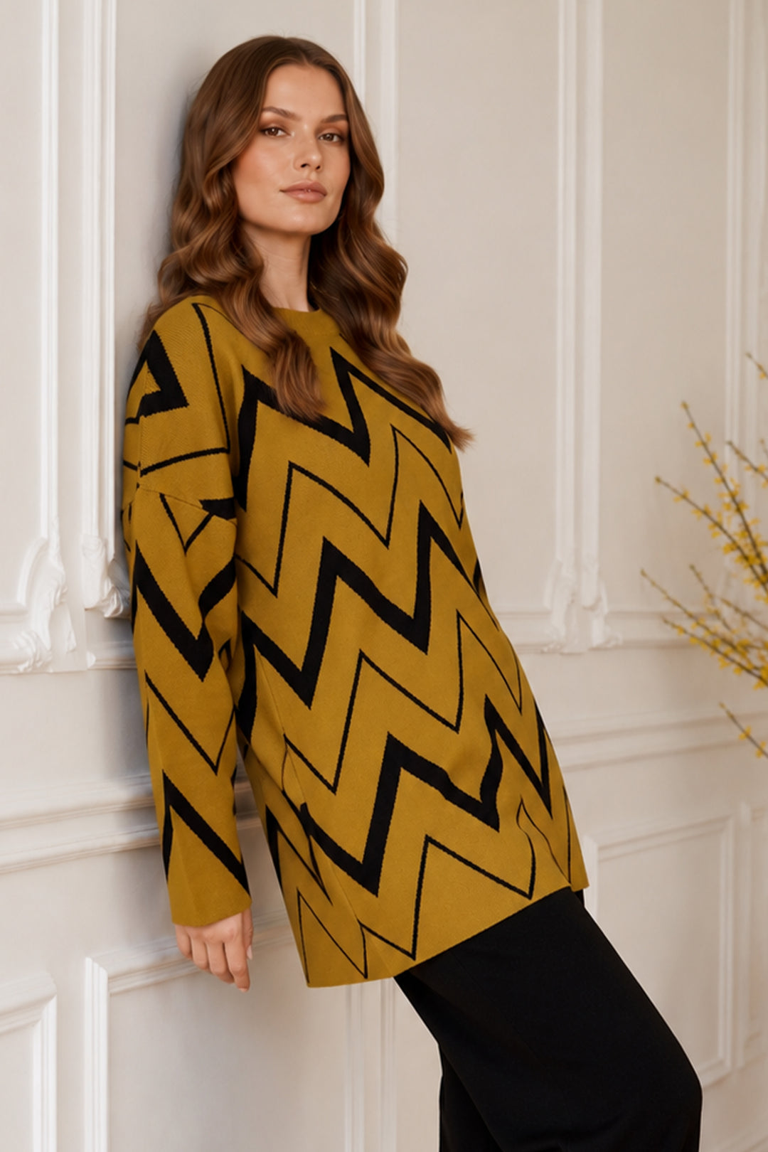 BNG Women Zikzak Desenli Triko Tunik R7187 Yağ Yeşili - Haarlem