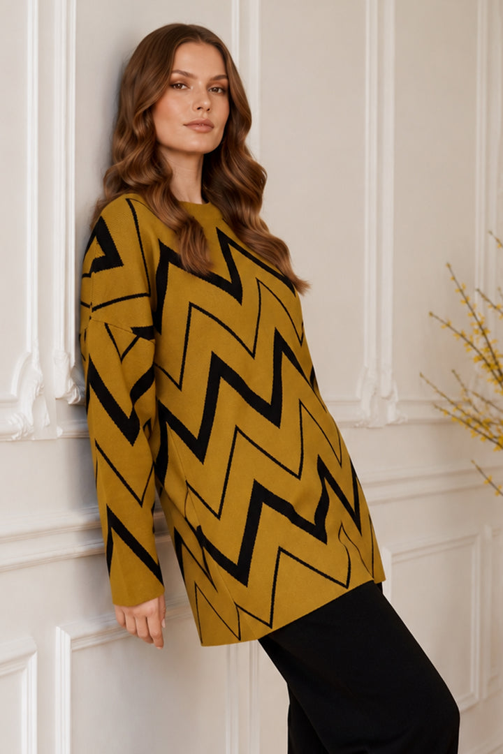 BNG Women Zikzak Desenli Triko Tunik R7187 Yağ Yeşili - Haarlem