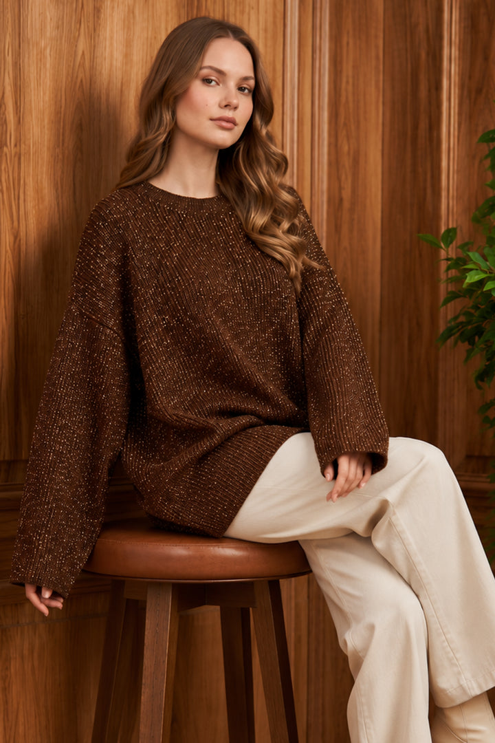 BNG Women Simli Triko Tunik R4498 Kahverengi - Garland