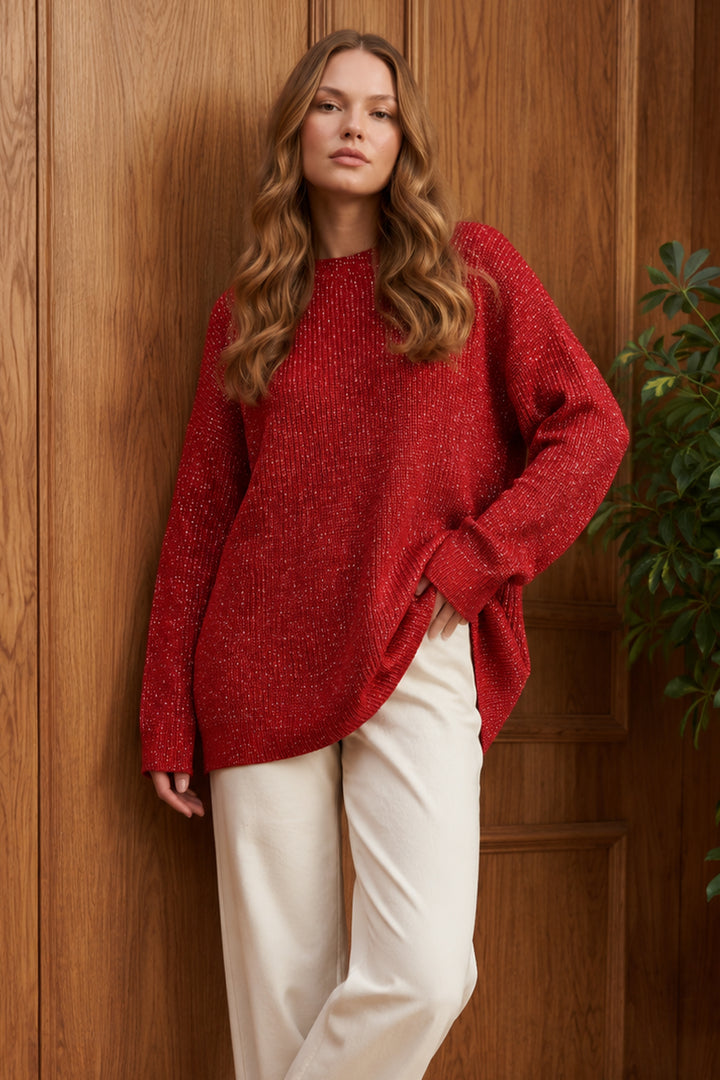 BNG Women Simli Triko Tunik R4498 Kırmızı - Tampico