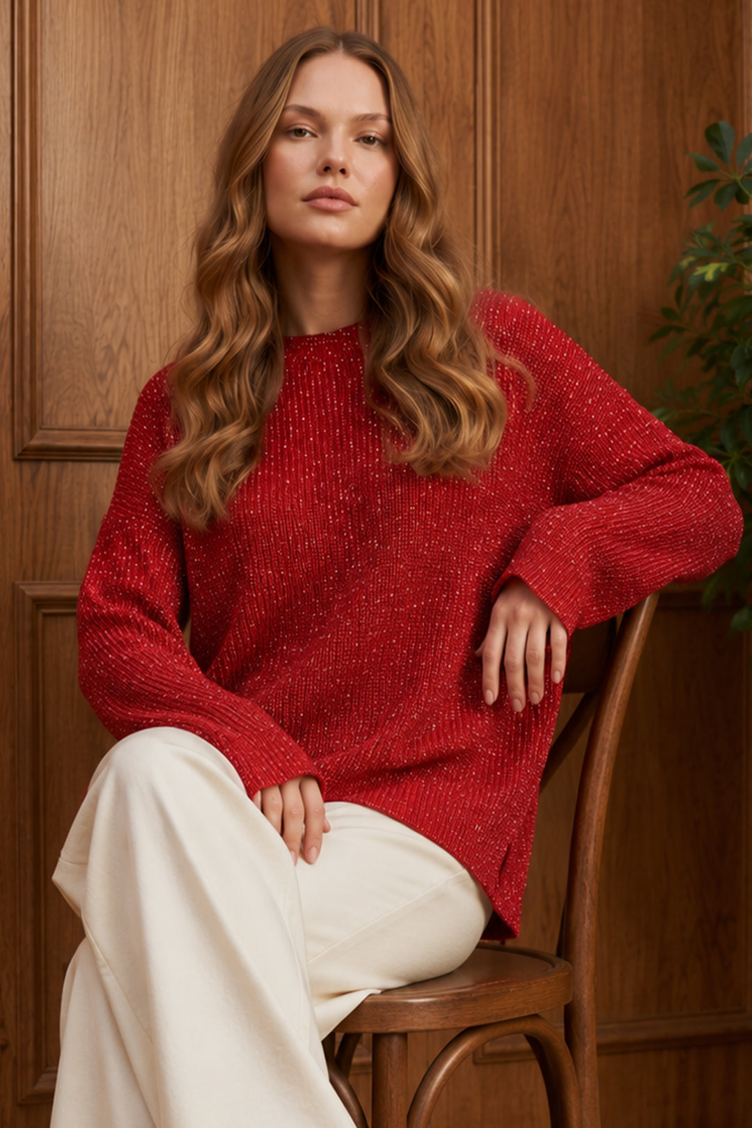 BNG Women Simli Triko Tunik R4498 Kırmızı - Tampico