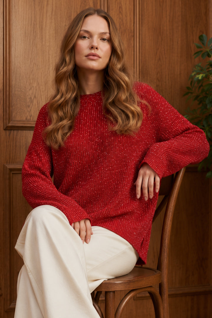 BNG Women Simli Triko Tunik R4498 Kırmızı - Tampico