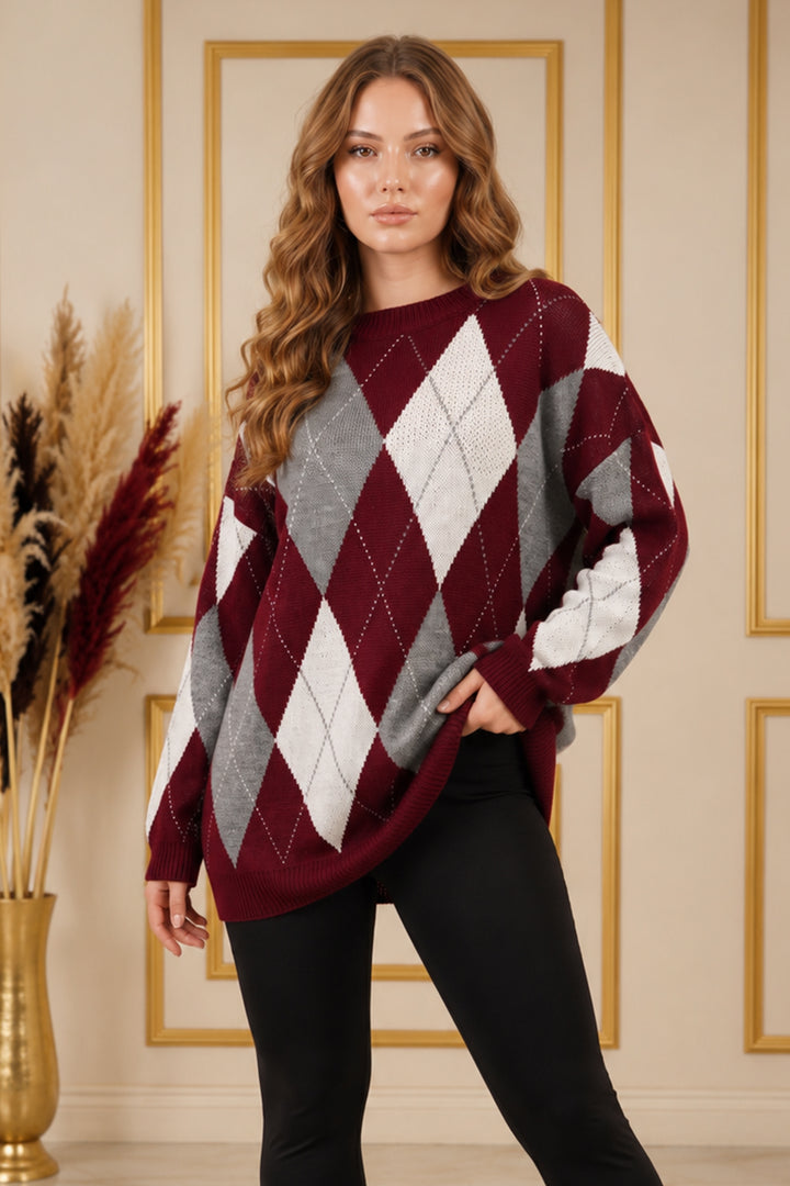 BNG Women Baklava Desenli Triko Tunik R4508 Bordo - Tudela