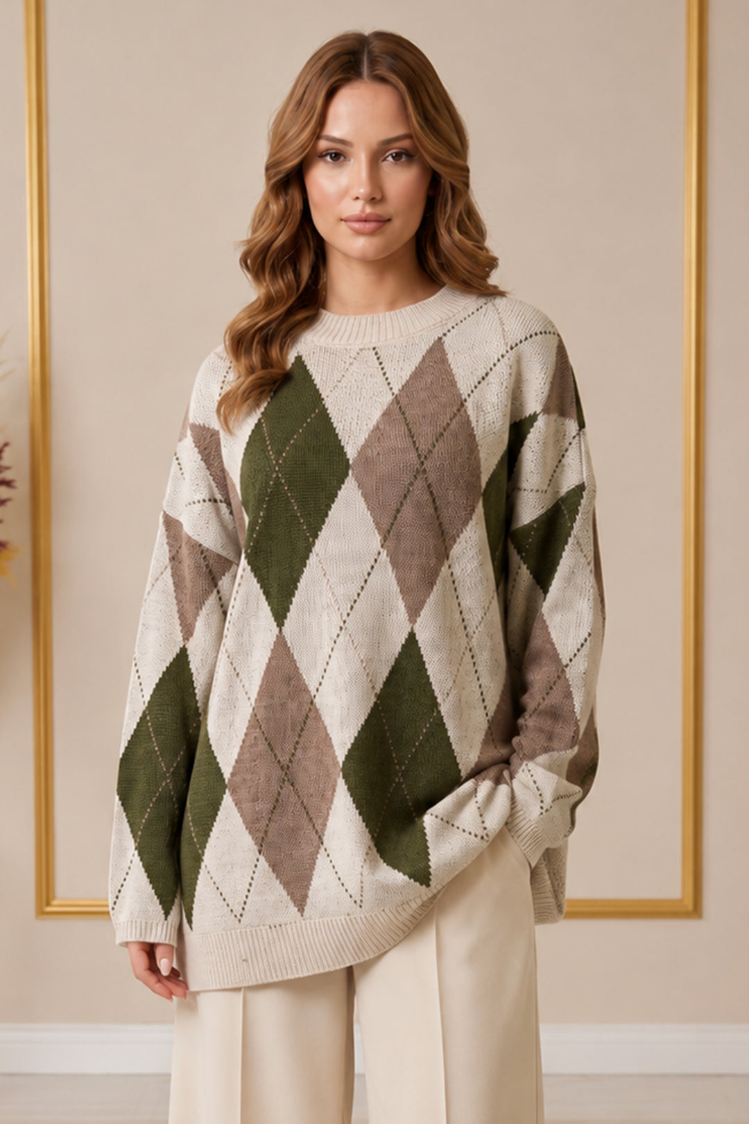 BNG Women Baklava Desenli Triko Tunik R4508 Ekru - Holyoke