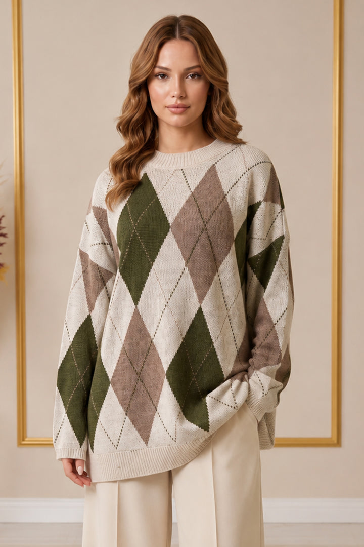 BNG Women Baklava Desenli Triko Tunik R4508 Ekru - Holyoke