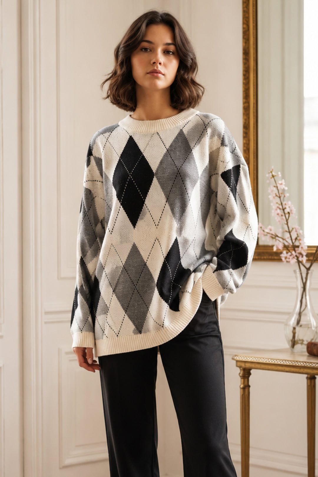 BNG Women Baklava Desenli Triko Tunik R4508 Gri - Uxbridge