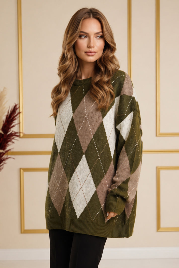BNG Women Baklava Desenli Triko Tunik R4508 Haki - Kamloops