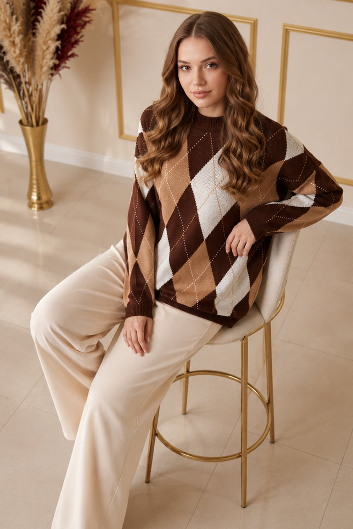 BNG Women Baklava Desenli Triko Tunik R4508 Kahverengi - Northglenn