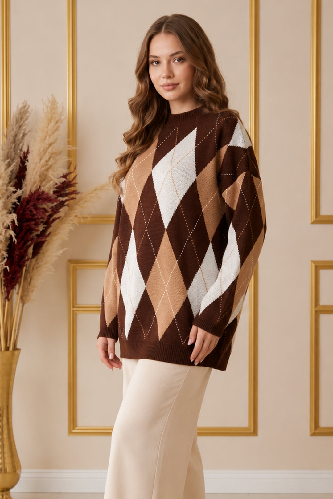 BNG Women Baklava Desenli Triko Tunik R4508 Kahverengi - Northglenn