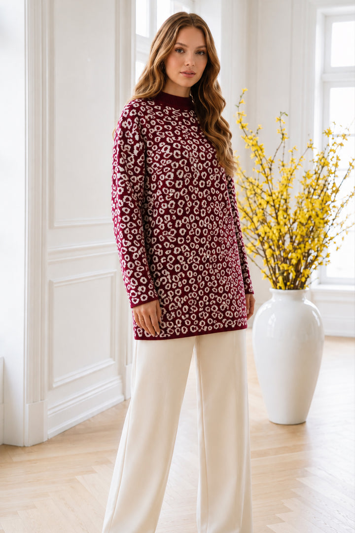 BNG Women Leopar Desenli Tunik R7185 Bordo - Tucson