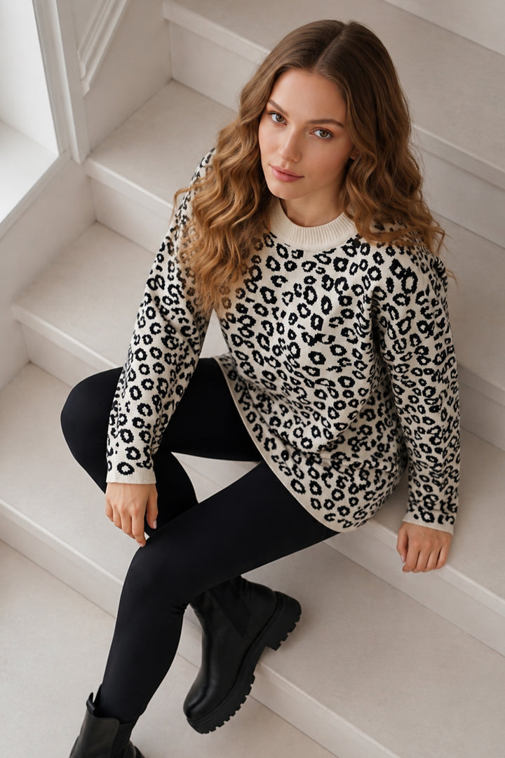 BNG Women Leopar Desenli Tunik R7185 Ekru - Baton Rouge