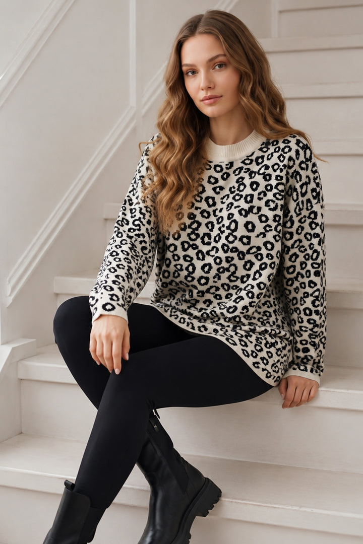 BNG Women Leopar Desenli Tunik R7185 Ekru - Baton Rouge