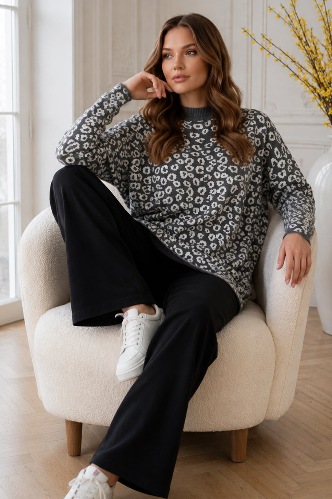 BNG Women Leopar Desenli Tunik R7185 Gri - Adeje