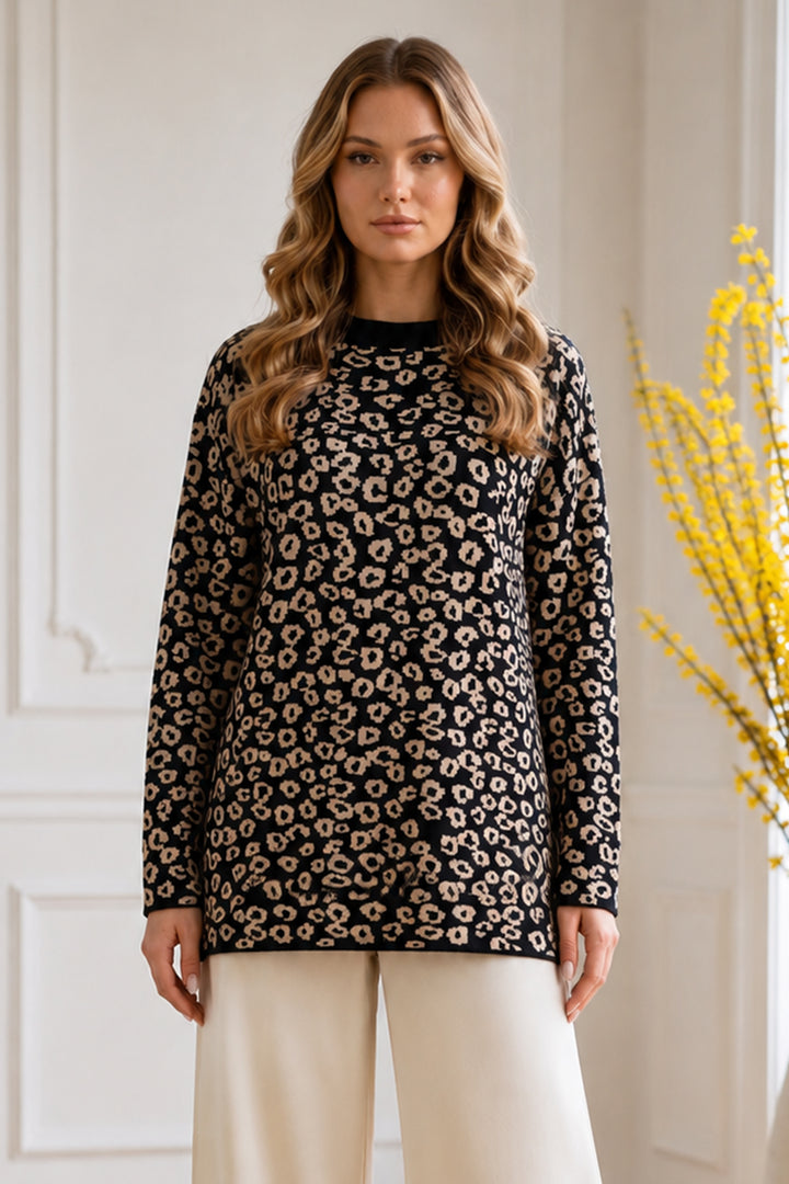 BNG Women Leopar Desenli Tunik R7185 Siyah - Lloret de Mar