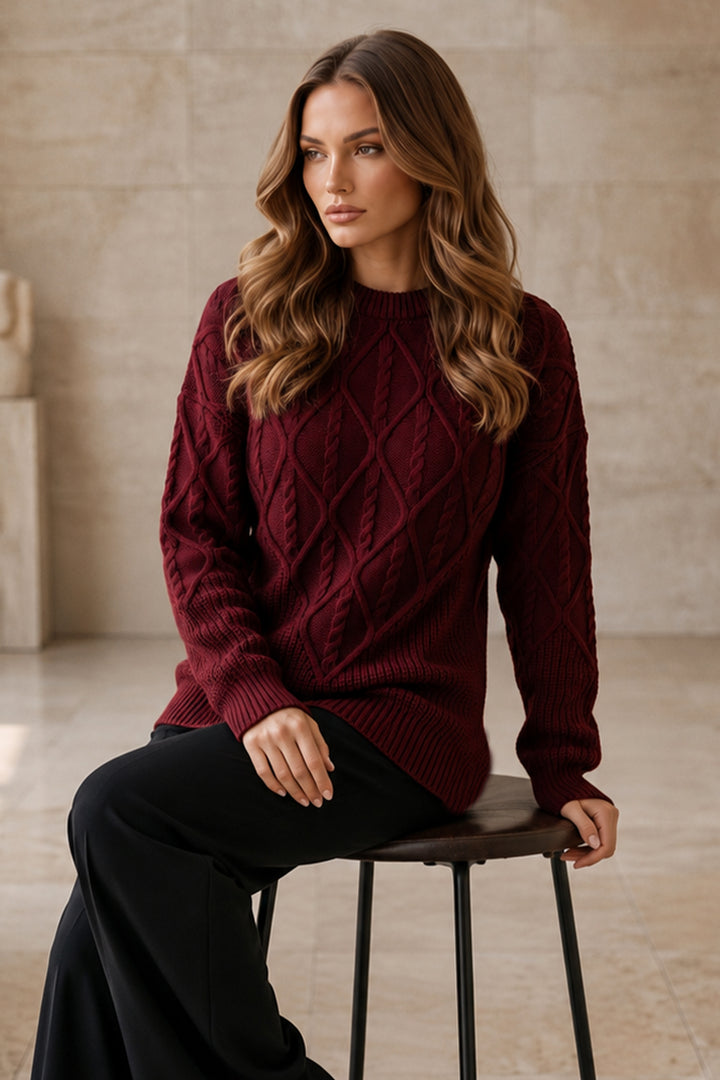 BNG Women Örgü Desenli Triko Kazak R4510 Bordo - Pau