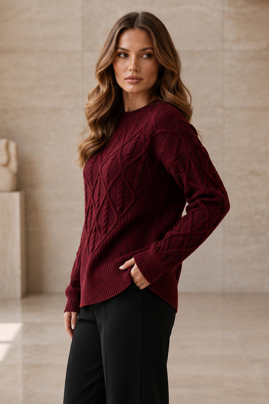 BNG Women Örgü Desenli Triko Kazak R4510 Bordo - Pau