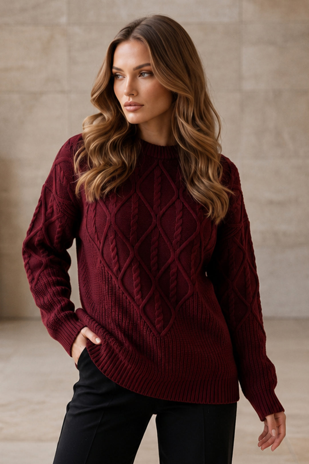 BNG Women Örgü Desenli Triko Kazak R4510 Bordo - Pau