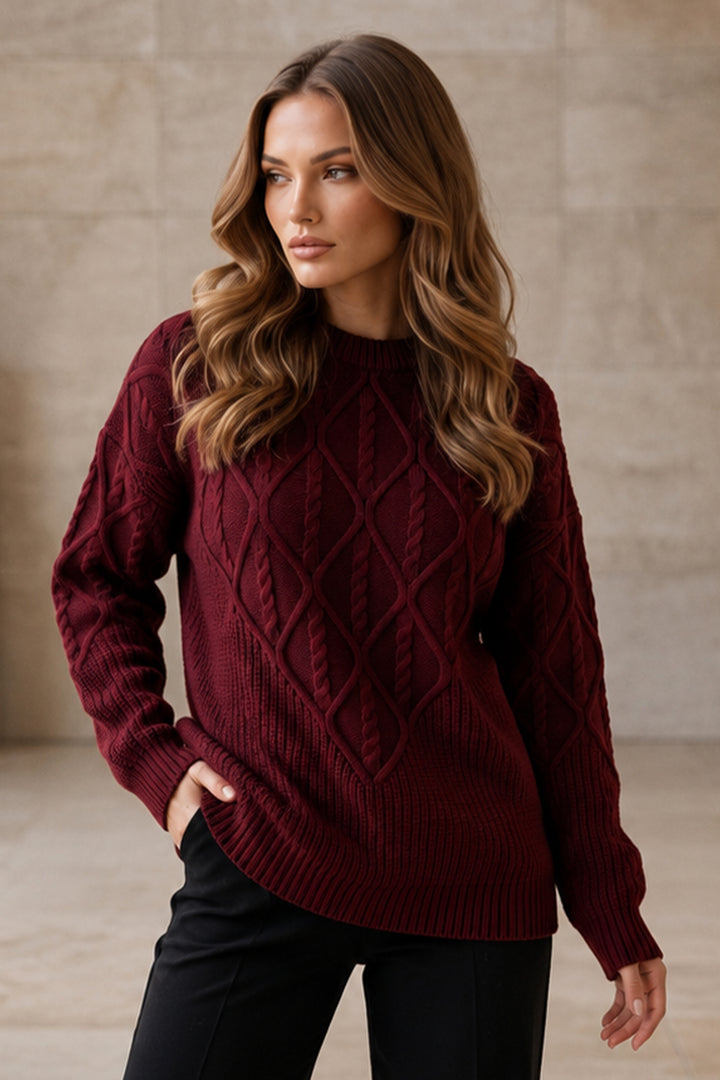 BNG Women Örgü Desenli Triko Kazak R4510 Bordo - Pau