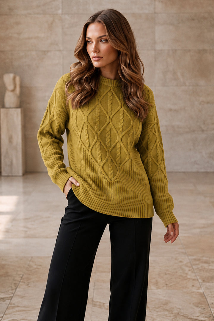 BNG Women Örgü Desenli Triko Kazak R4510 Yağ Yeşili - Richmond