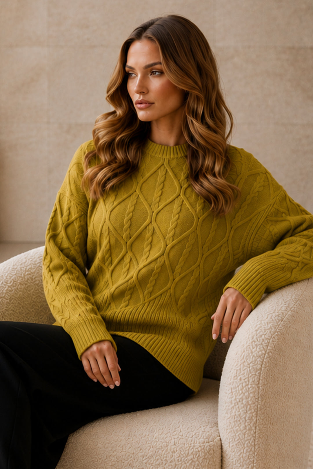 BNG Women Örgü Desenli Triko Kazak R4510 Yağ Yeşili - Richmond