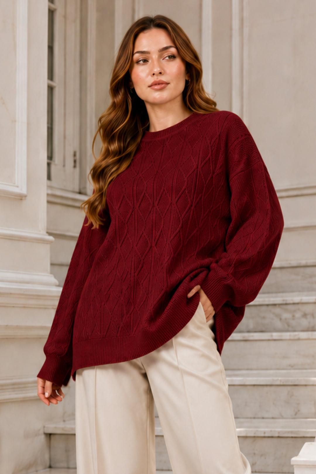 BNG Women Örgü Desenli Triko Tunik R4484 Bordo - Coon Rapids