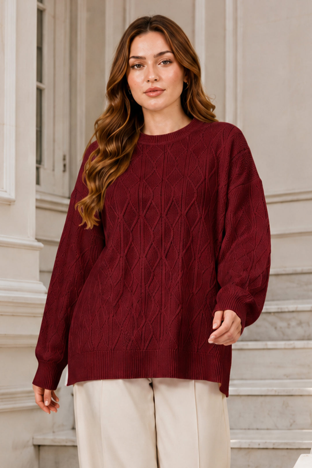 BNG Women Örgü Desenli Triko Tunik R4484 Bordo - Coon Rapids