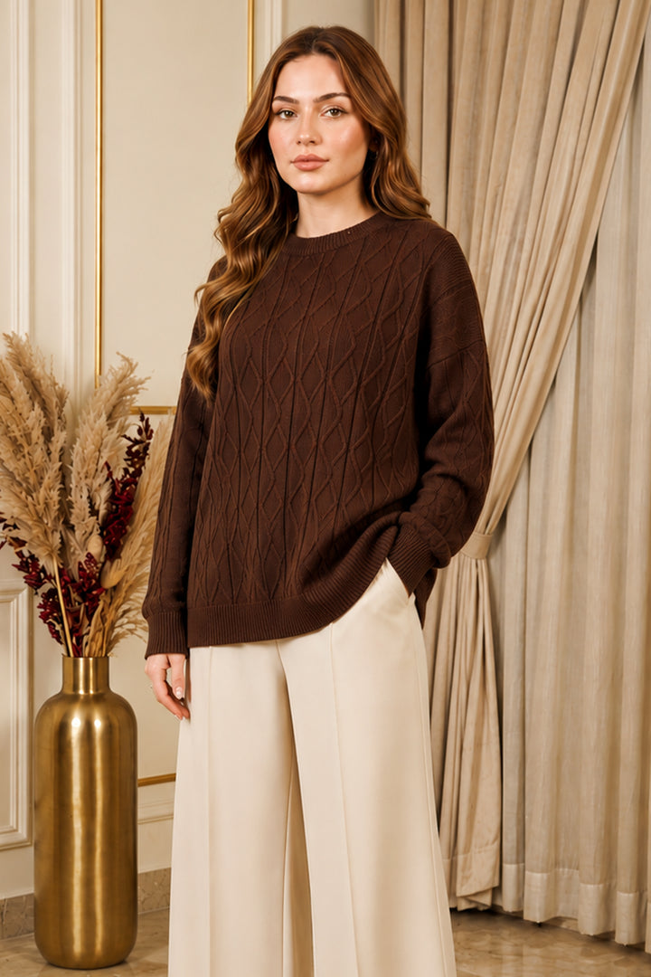 BNG Women Örgü Desenli Triko Tunik R4484 Kahverengi - Germantown