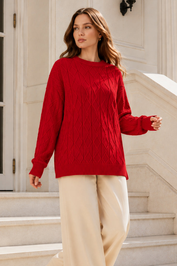 BNG Women Örgü Desenli Triko Tunik R4484 Kırmızı - Sarnia