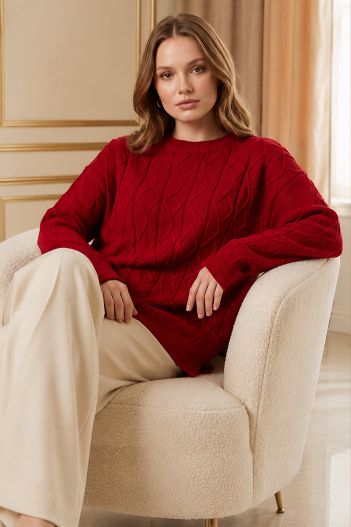 BNG Women Örgü Desenli Triko Tunik R4484 Kırmızı - Sarnia