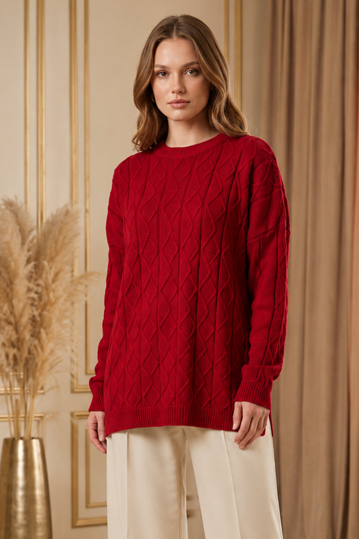 BNG Women Örgü Desenli Triko Tunik R4484 Kırmızı - Sarnia