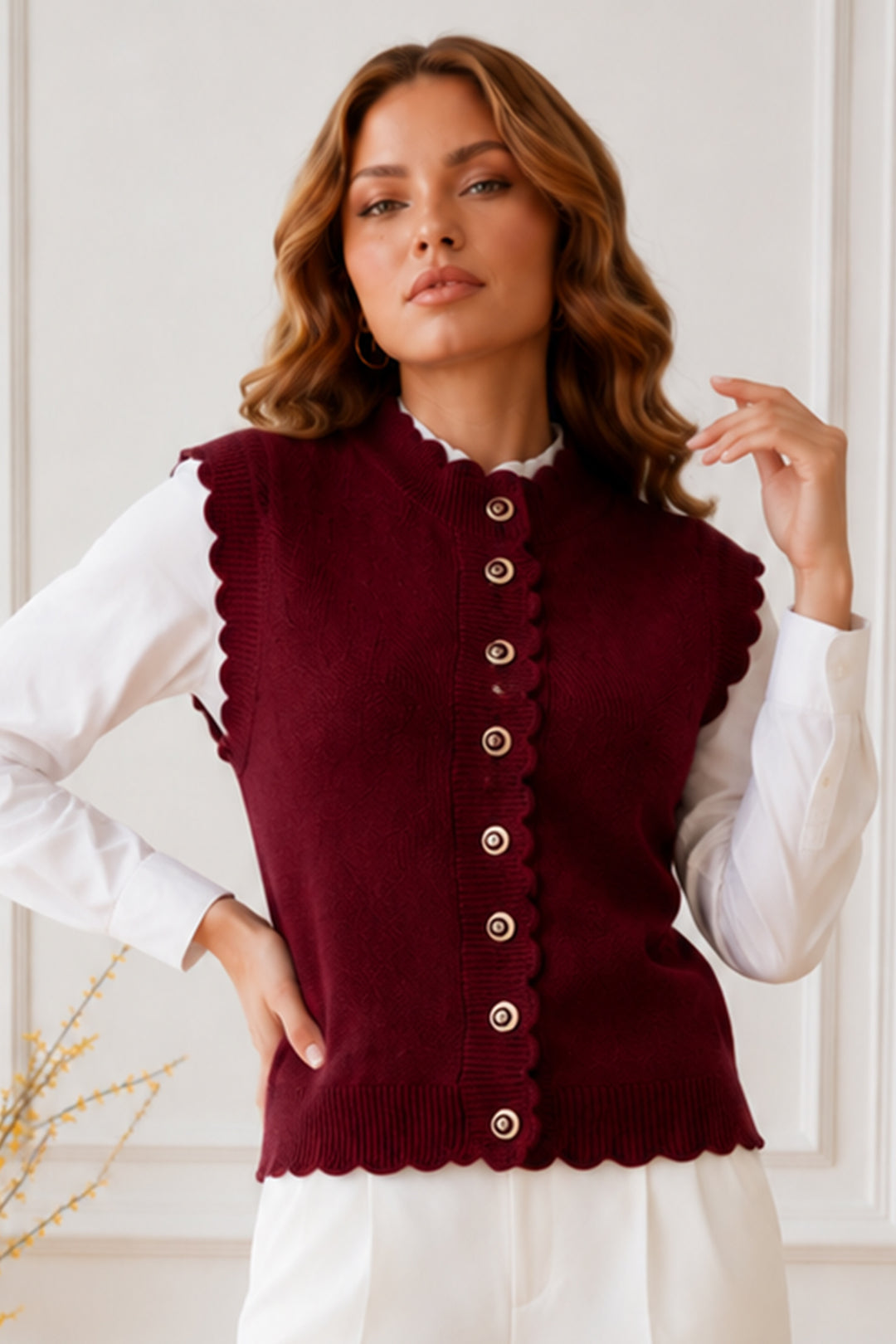 BNG Women Düğmeli Triko Yelek R4485 Bordo - Greensboro