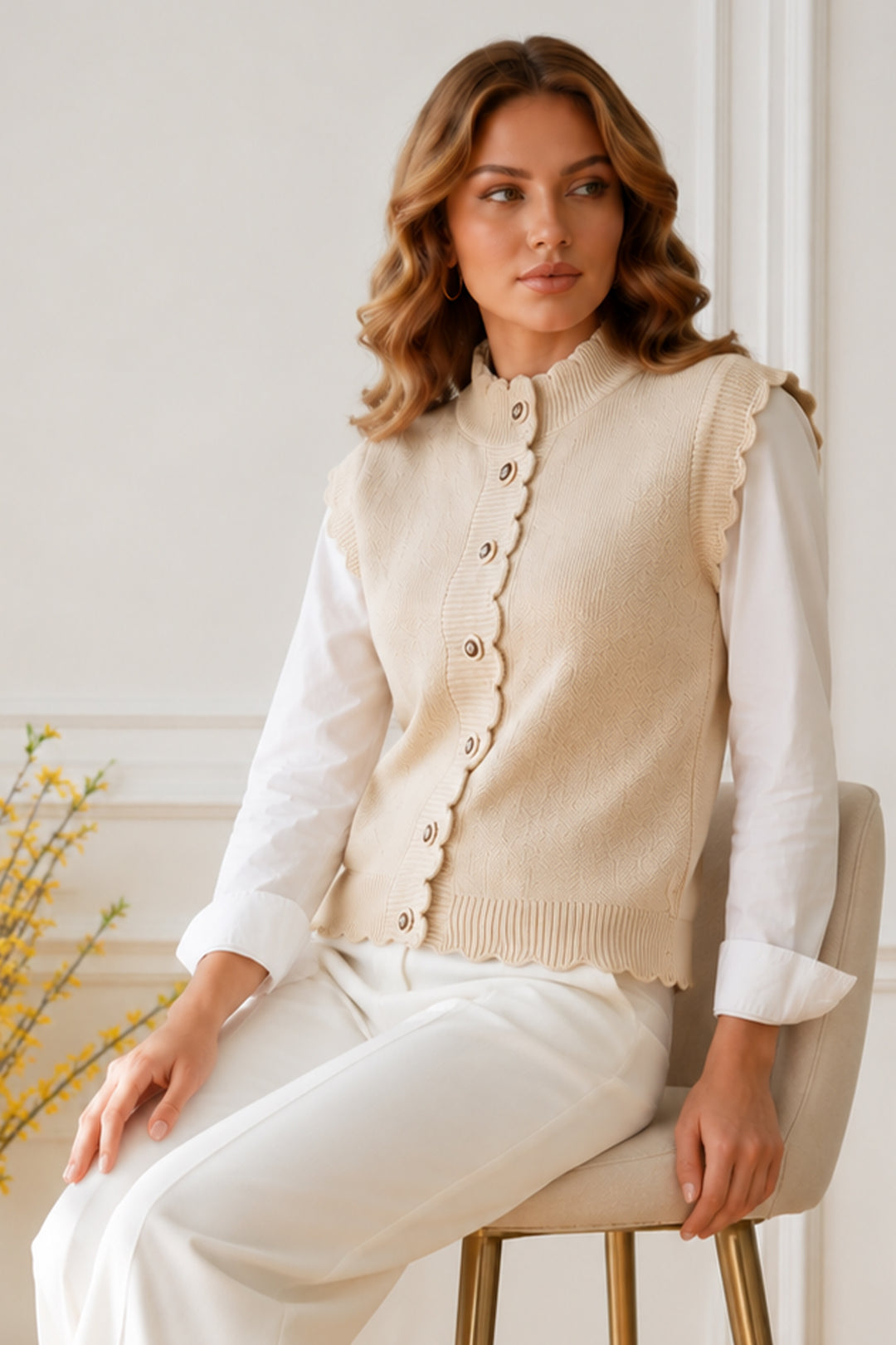 BNG Women Düğmeli Triko Yelek R4485 Taş Rengi - Franklin