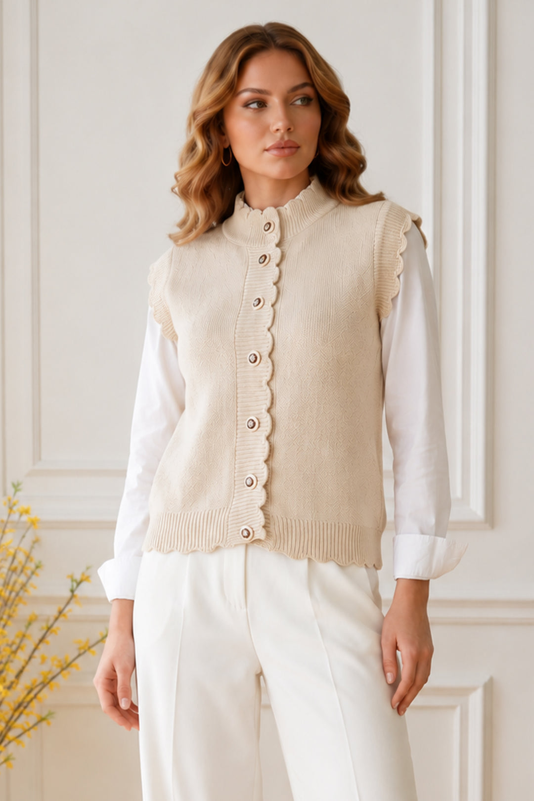 BNG Women Düğmeli Triko Yelek R4485 Taş Rengi - Franklin