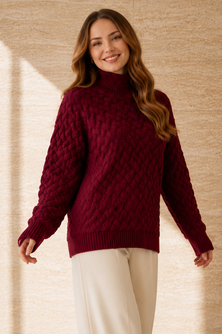 BNG Women Balıkçı Yaka Triko Kazak R4518 Bordo - Gelsenkirchen