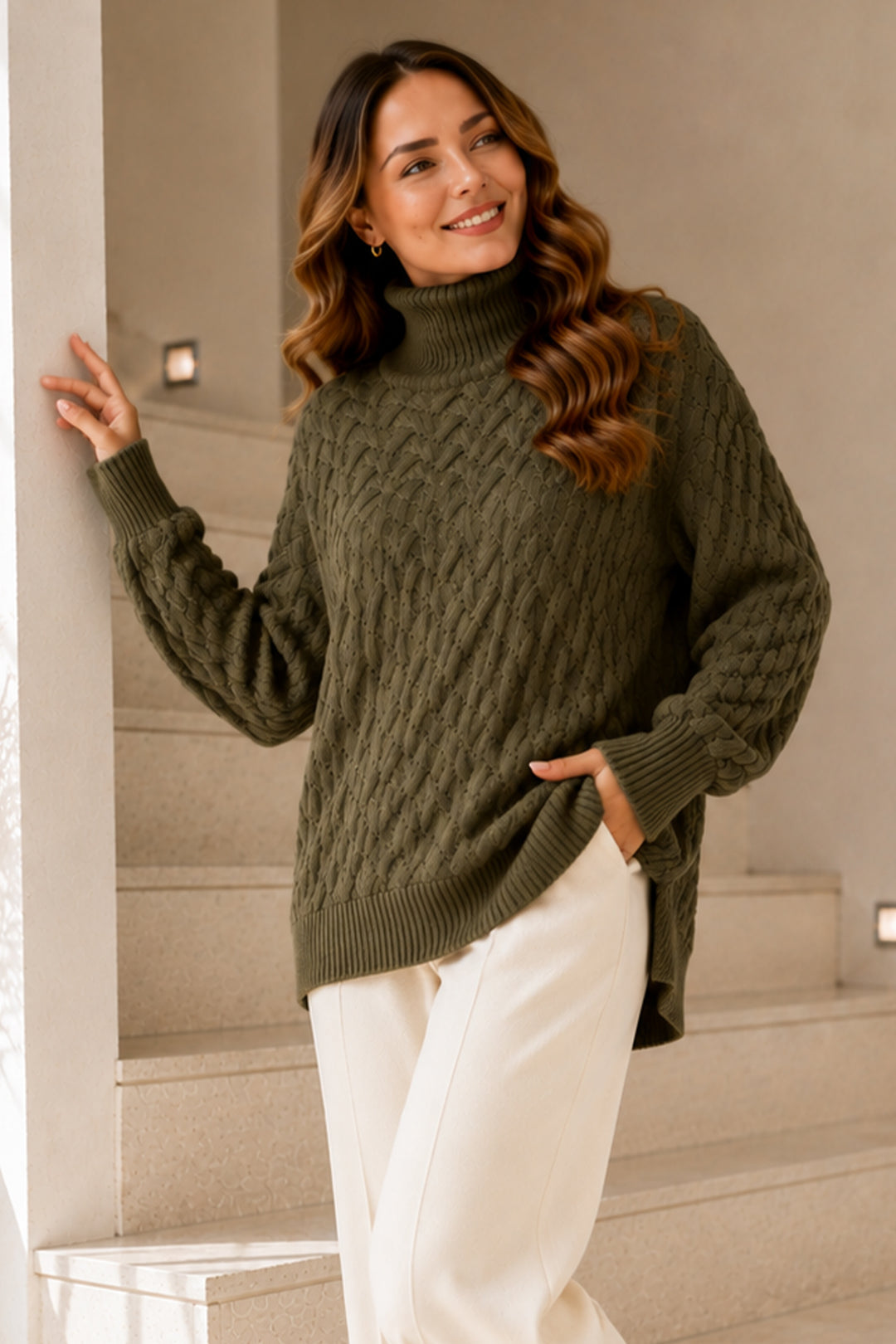 BNG Women Balıkçı Yaka Triko Kazak R4518 Haki - Vernier