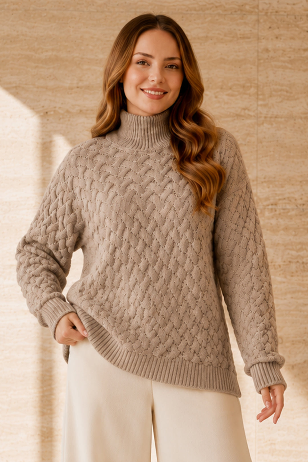 BNG Women Balıkçı Yaka Triko Kazak R4518 Vizon - Arad