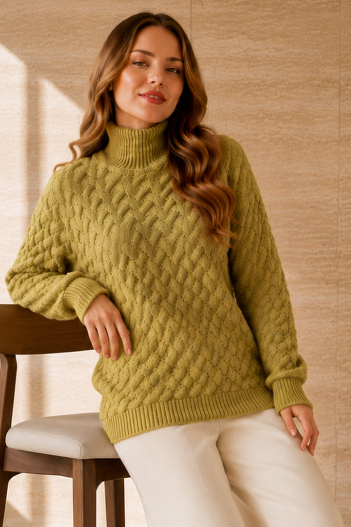 BNG Women Balıkçı Yaka Triko Kazak R4518 Yağ Yeşili - Marion