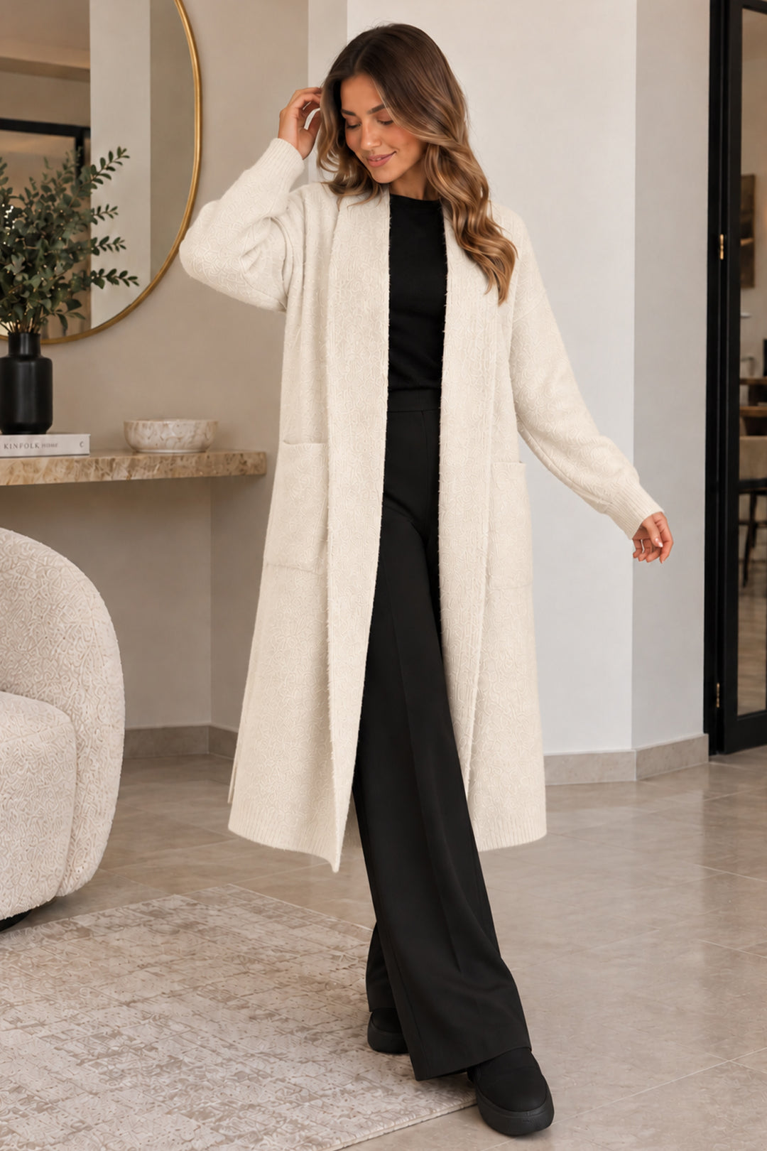 BNG Women Sakallı Uzun Triko Hırka R4617 Ekru - Fréjus