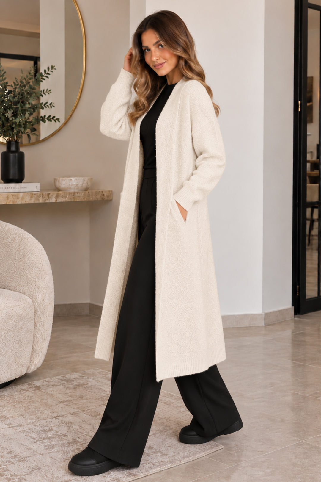 BNG Women Sakallı Uzun Triko Hırka R4617 Ekru - Jiquílpan de Juárez