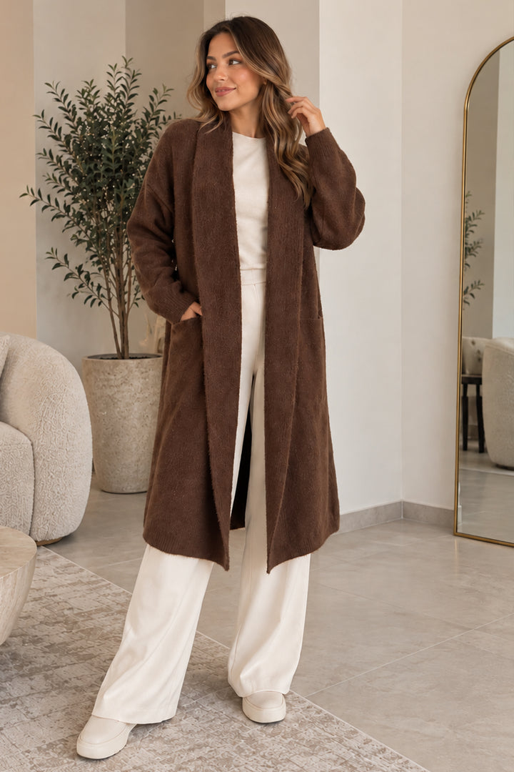 BNG Women Sakallı Uzun Triko Hırka R4617 Kahverengi - Matera