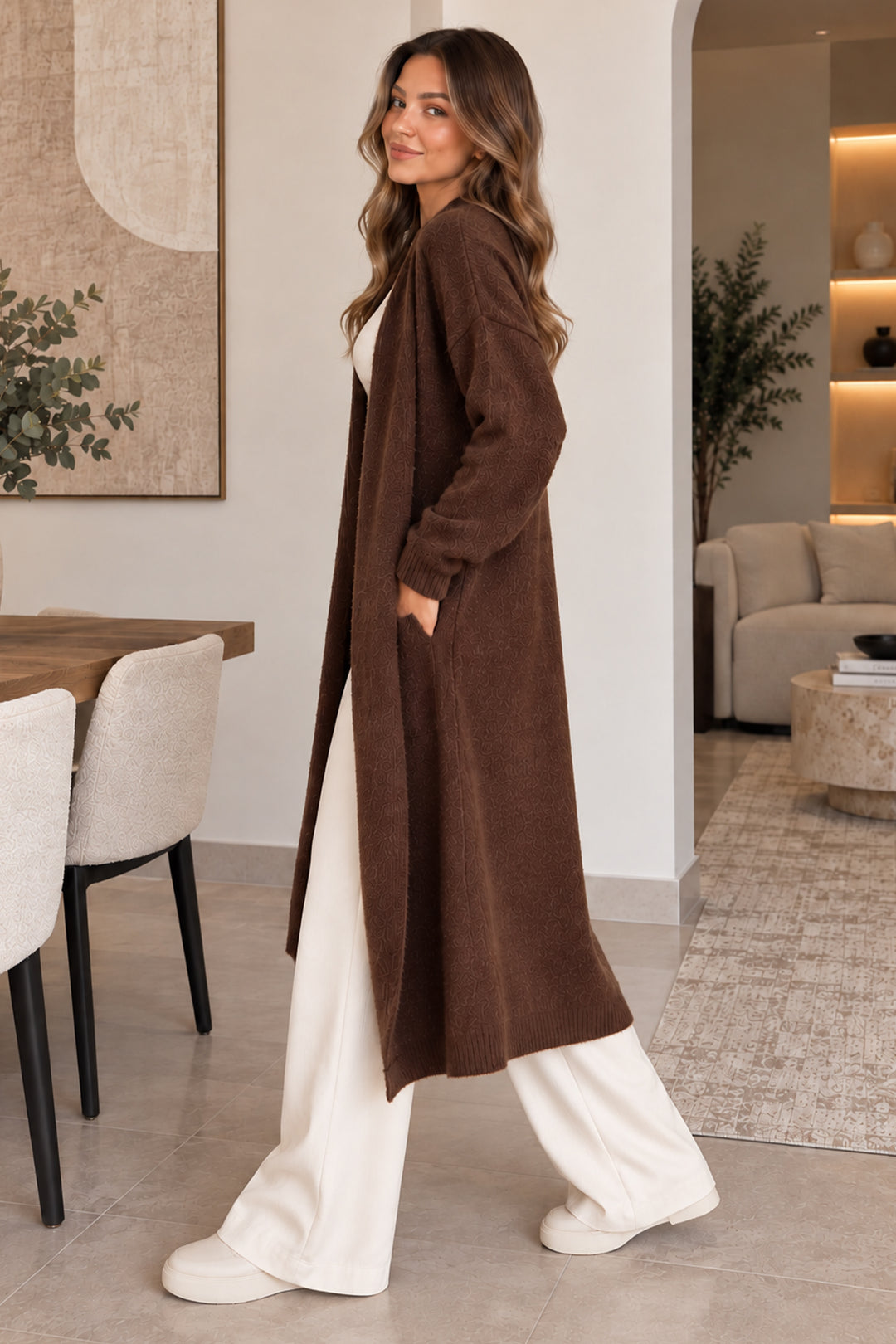 BNG Women Sakallı Uzun Triko Hırka R4617 Kahverengi - Matera