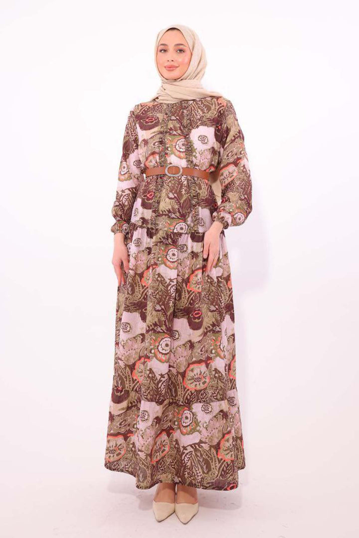 BNG Women Patterned Belted Dress Khaki 4830 - Imola