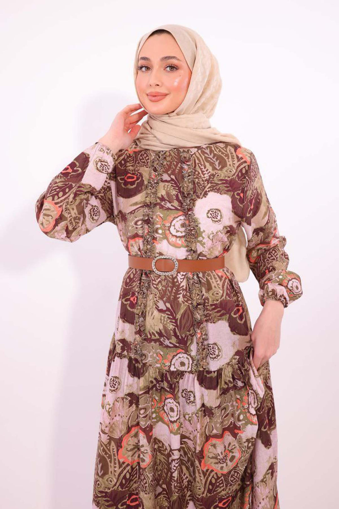 BNG Women Patterned Belted Dress Khaki 4830 - Imola