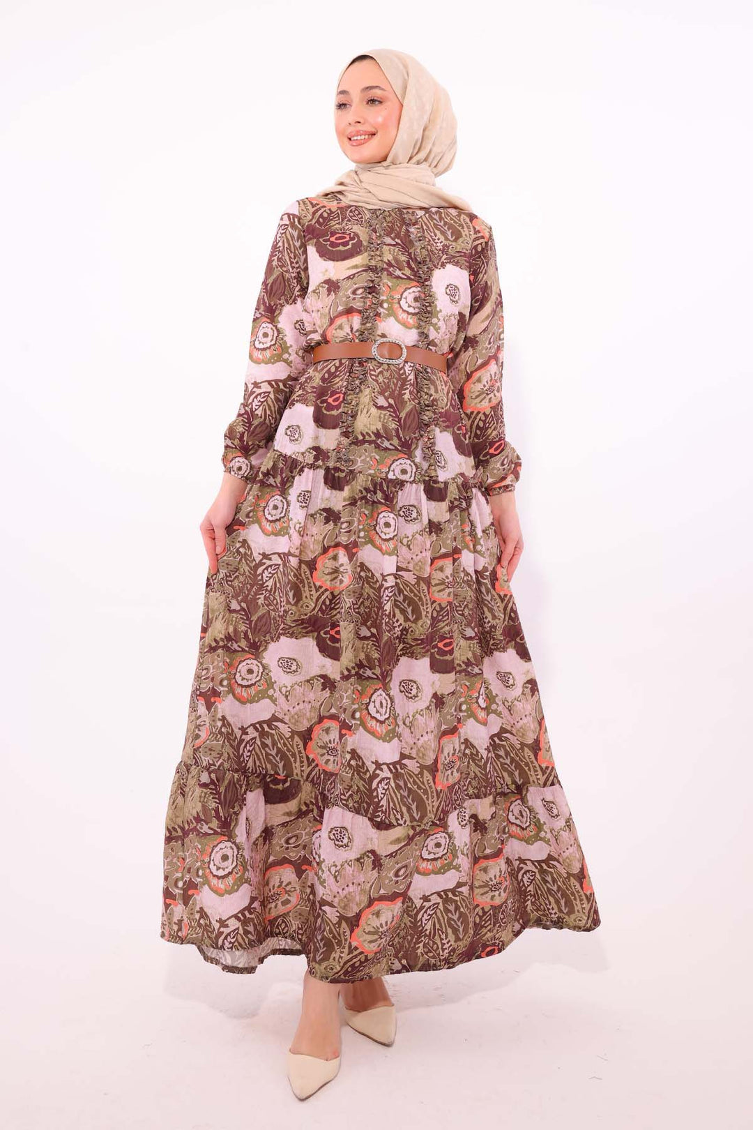 BNG Women Patterned Belted Dress Khaki 4830 - Imola