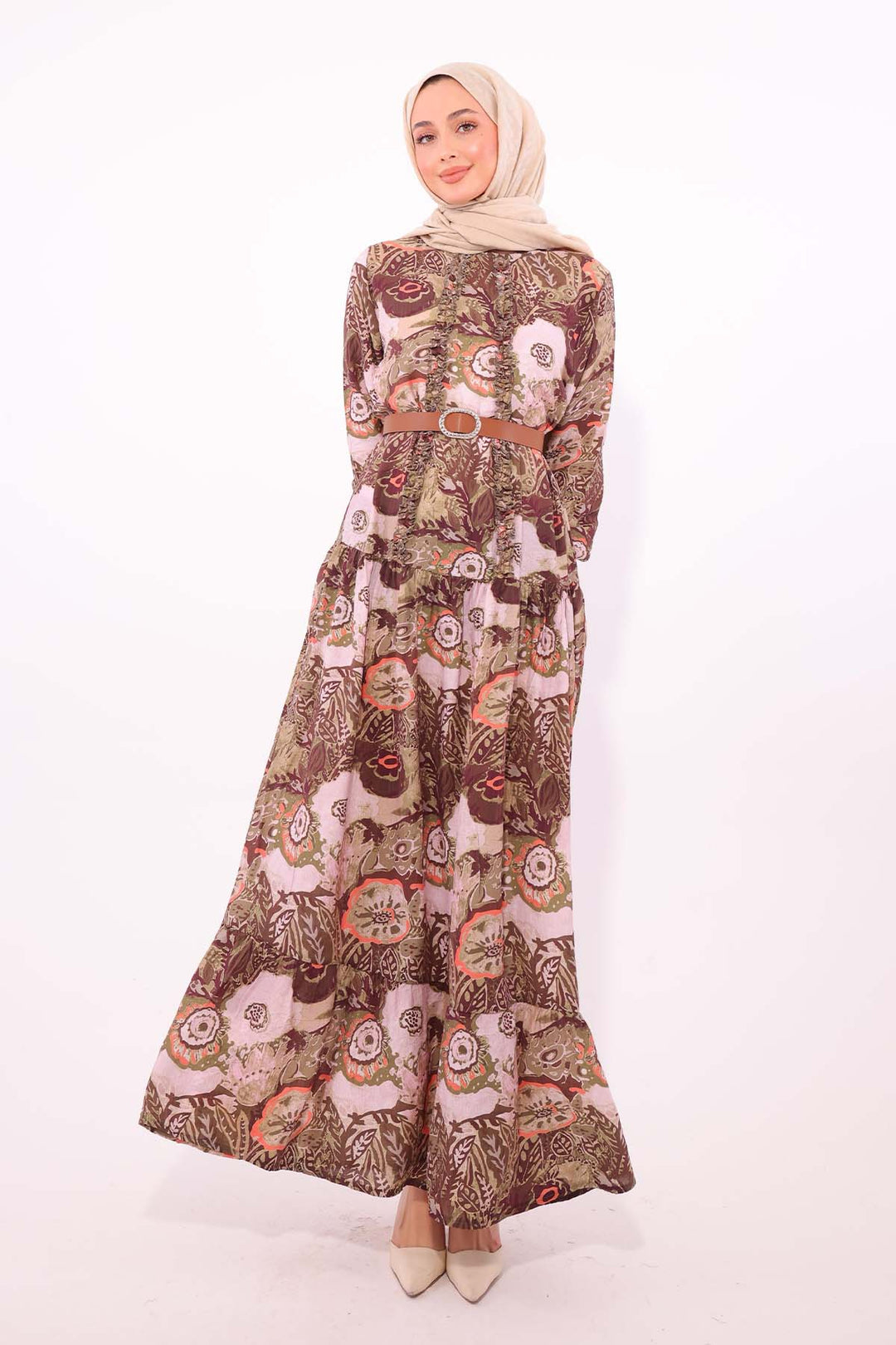 BNG Women Patterned Belted Dress Khaki 4830 - Imola