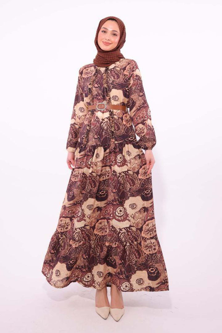BNG Women Patterned Belted Dress Brown 4830 - Hillsboro